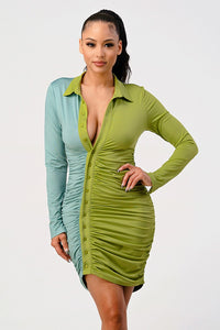 Two-Tone Ruched Button-Up Mini Dress - REVE DORES