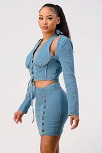 Denim Lace-Up Halter Two-Piece Set - REVE DORES