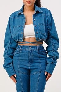 Ruched Sleeve Cropped Denim Jacket - REVE DORES