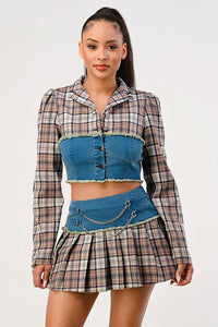 Edgy Plaid and Denim Two-Piece Set - REVE DORES