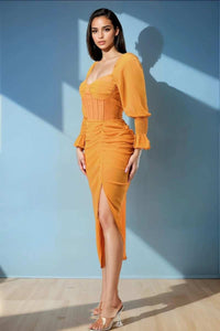 Summer solid yellow long sleeve chiffon dress - REVE DORES