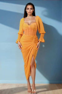 Summer solid yellow long sleeve chiffon dress - REVE DORES