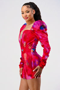 Athina red puff shoulder long sleeve mini dress - REVE DORES