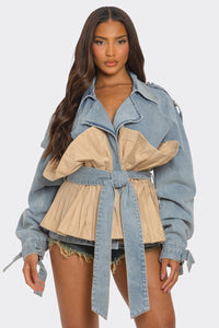 Pleated Contrast Denim Jacket - REVE DORES