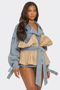 Pleated Contrast Denim Jacket - REVE DORES