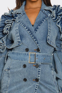 Ruffled Denim Trench Coat - REVE DORES