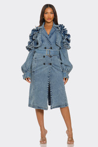 Ruffled Denim Trench Coat - REVE DORES