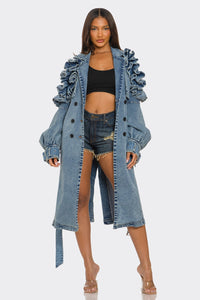 Ruffled Denim Trench Coat - REVE DORES