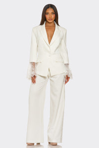 Luxe Lace-Trim Tailored Blazer Set – Ivory