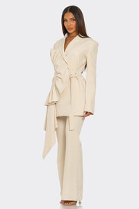 Sculpted Ruffle Belted Blazer Set – Cream