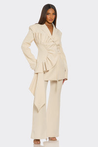 Sculpted Ruffle Belted Blazer Set – Cream