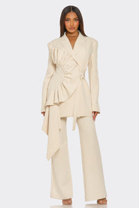 Sculpted Ruffle Belted Blazer Set – Cream