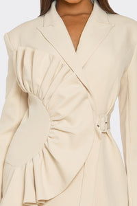 Sculpted Ruffle Belted Blazer Set – Cream