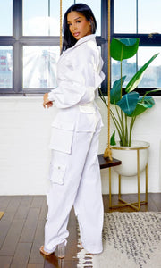 ATHINA FAMOUSE DENIM CARGO RUFFLE SLEEVE JUMPSUIT - REVE DORES