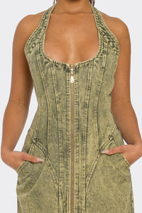 Halter Zip-Front Denim Midi Dress – Olive Wash