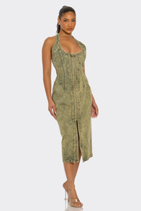 Halter Zip-Front Denim Midi Dress – Olive Wash