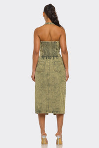 Halter Zip-Front Denim Midi Dress – Olive Wash