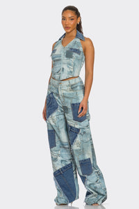 Retro Revival Patchwork Denim Two-Piece Set - REVE DORES