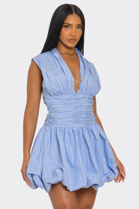 Azure Ruched Bubble Mini Dress