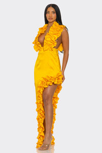 Sol Ruffle Plunge Gown – Marigold Radiance