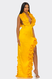 Sol Ruffle Plunge Gown – Marigold Radiance