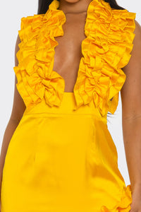 Elegant yellow satin dress with cascading ruffles and asymmetric silhouette