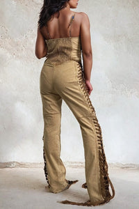 Crisscross Halter Lace-Up Denim Jumpsuit – Camel