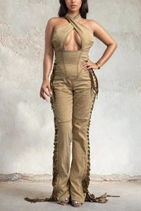 Crisscross Halter Lace-Up Denim Jumpsuit – Camel