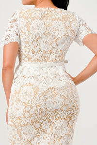 Button-Front Belted Lace Midi Dress – White