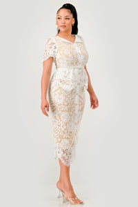 Button-Front Belted Lace Midi Dress – White