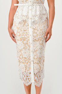 Button-Front Belted Lace Midi Dress – White