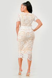 Button-Front Belted Lace Midi Dress – White